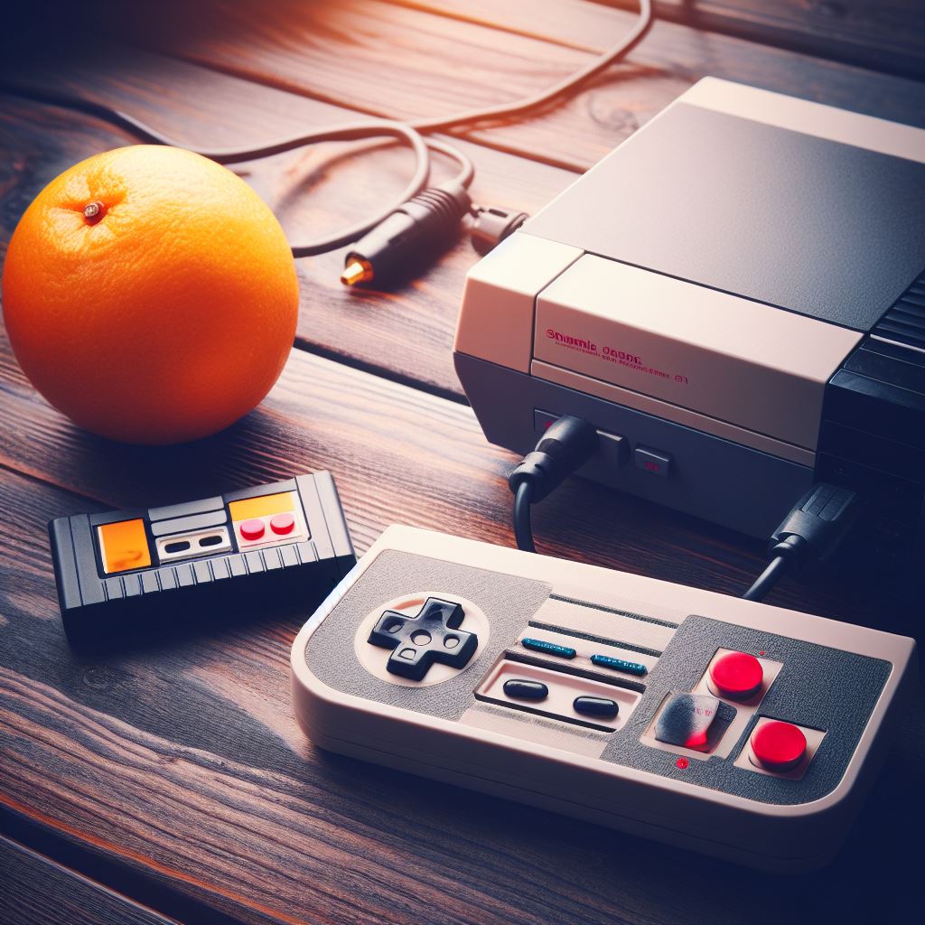 A picture of a retro game console with a controller and a cartridge