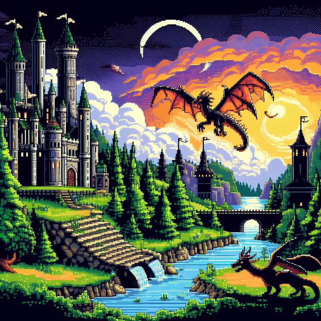 A picture of a pixel art scene with a castle and a dragon