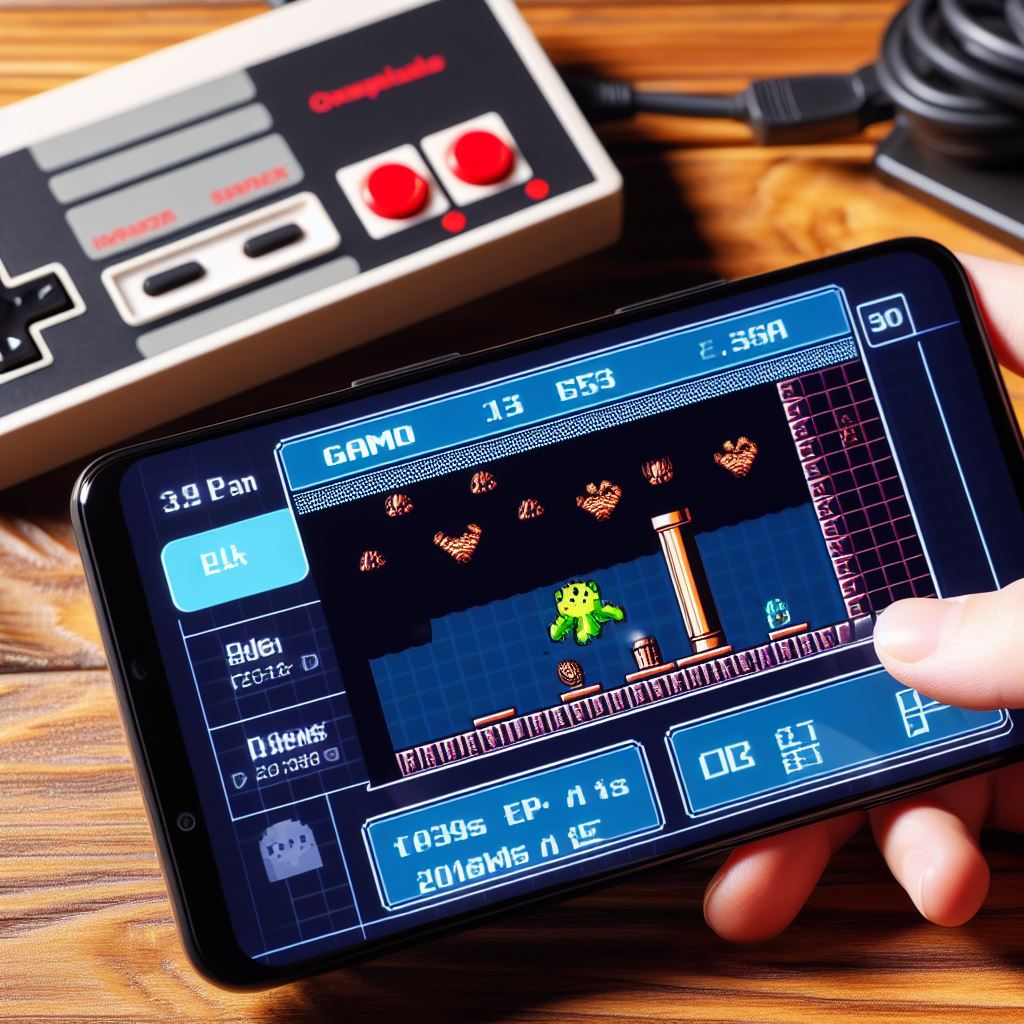 A picture of a smartphone with an emulator app and a retro game screen